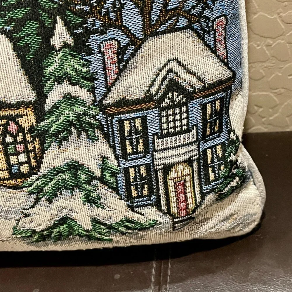 Winter Christmas Pillow Rectangle Church Village Blue Silver Holiday